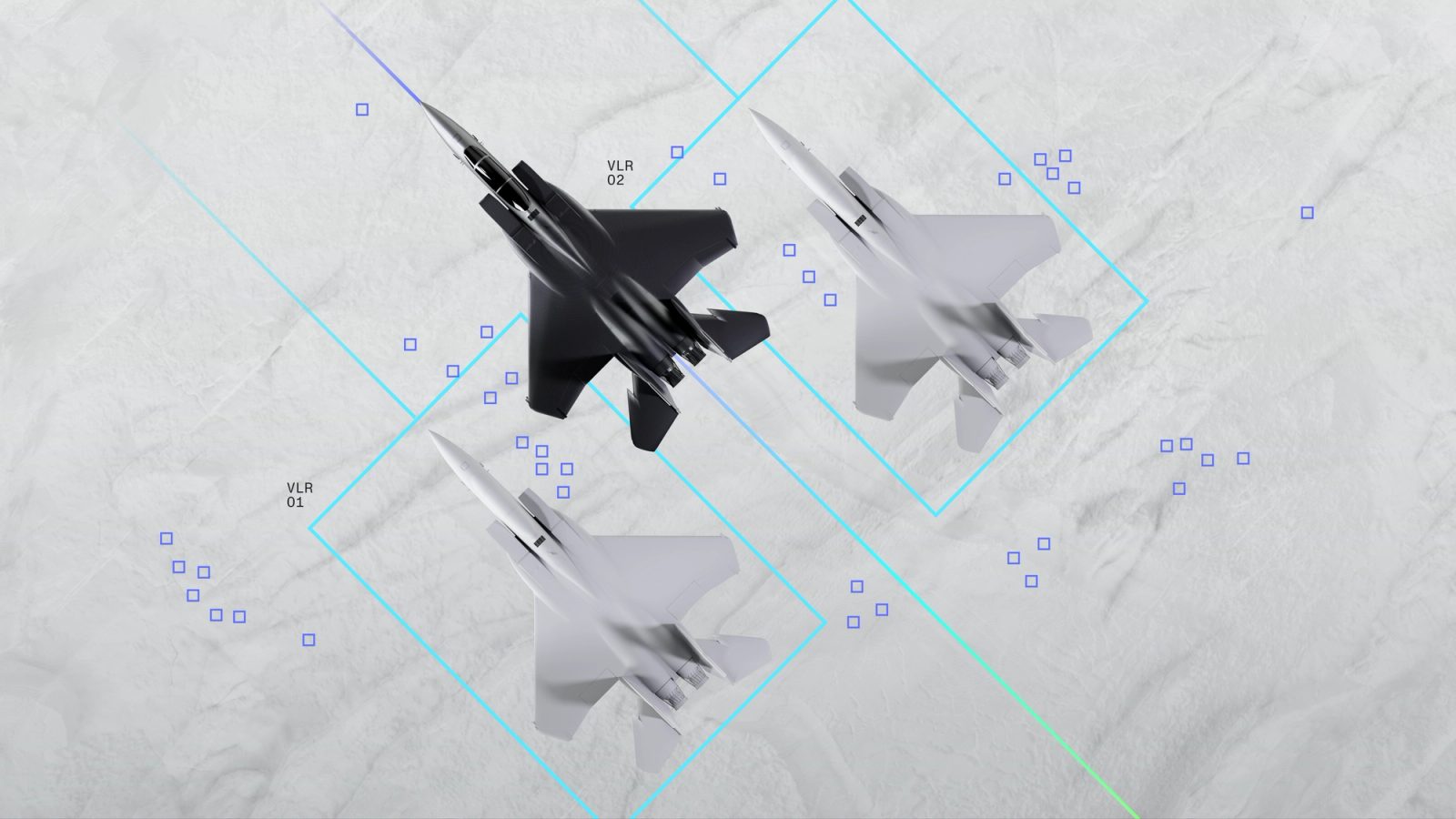 Rendering of fighter jets inside a data grid, illustrating the Axion data platform
