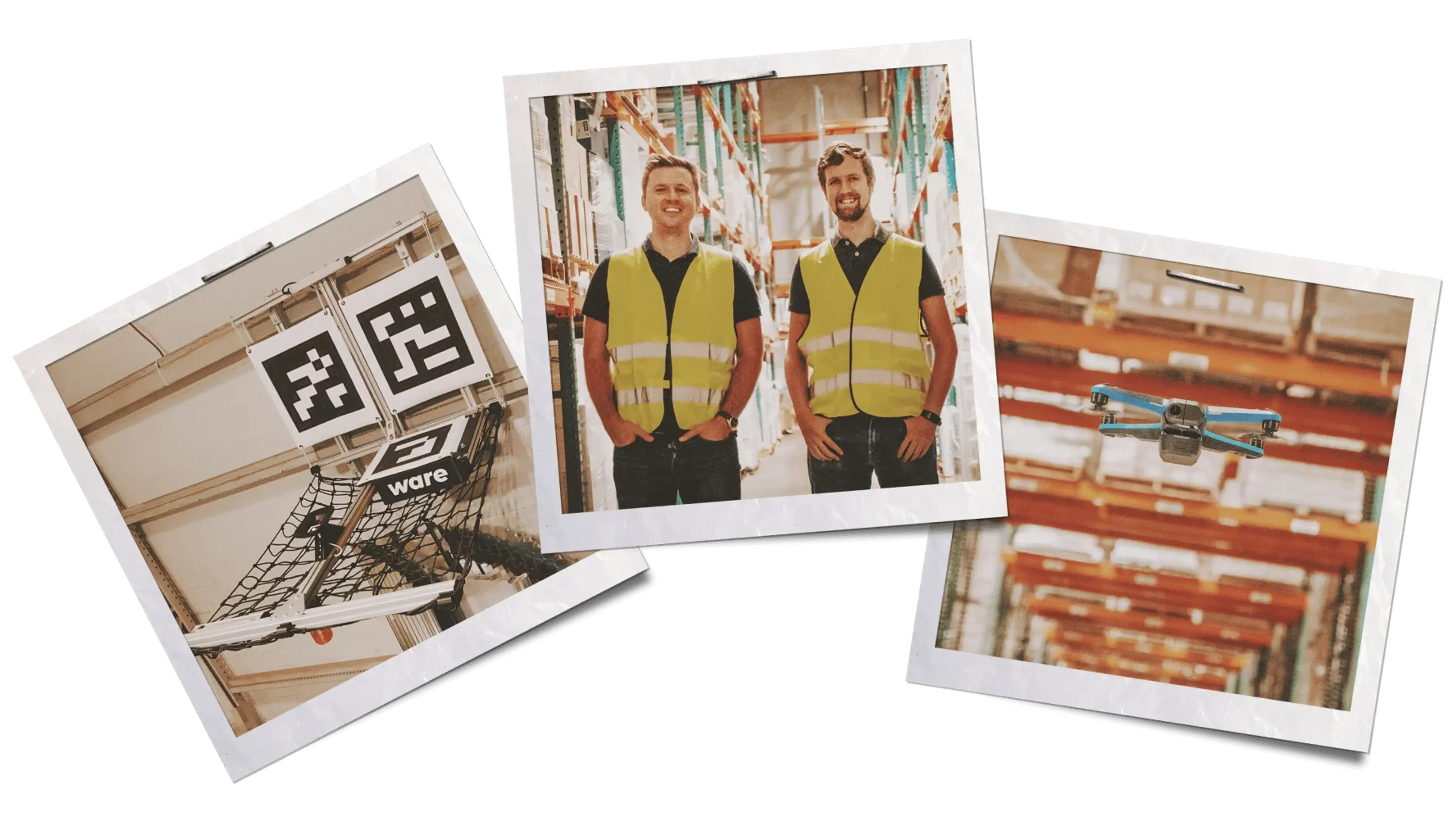 Three images related to Joe Moster’s startup, Ware. The far left is one of the drone helipads used in warehouses. The center image shows Joe Moster and his co-founder. The right image shows one of Ware’s drones in flight.