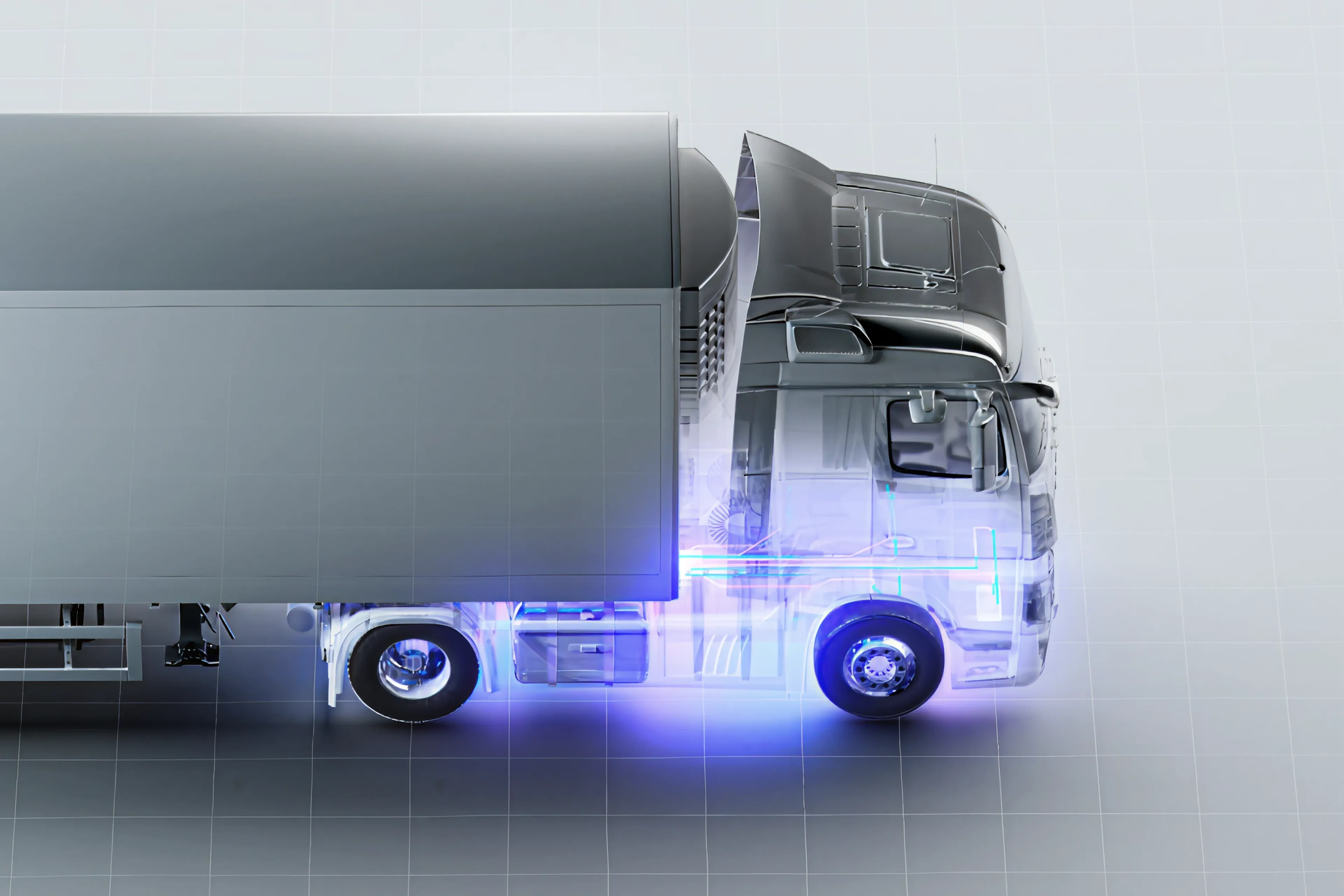 A 3D render of a semi-truck with a transparent cab revealing glowing blue internal components, including electrical systems and chassis, set against a light gray grid background