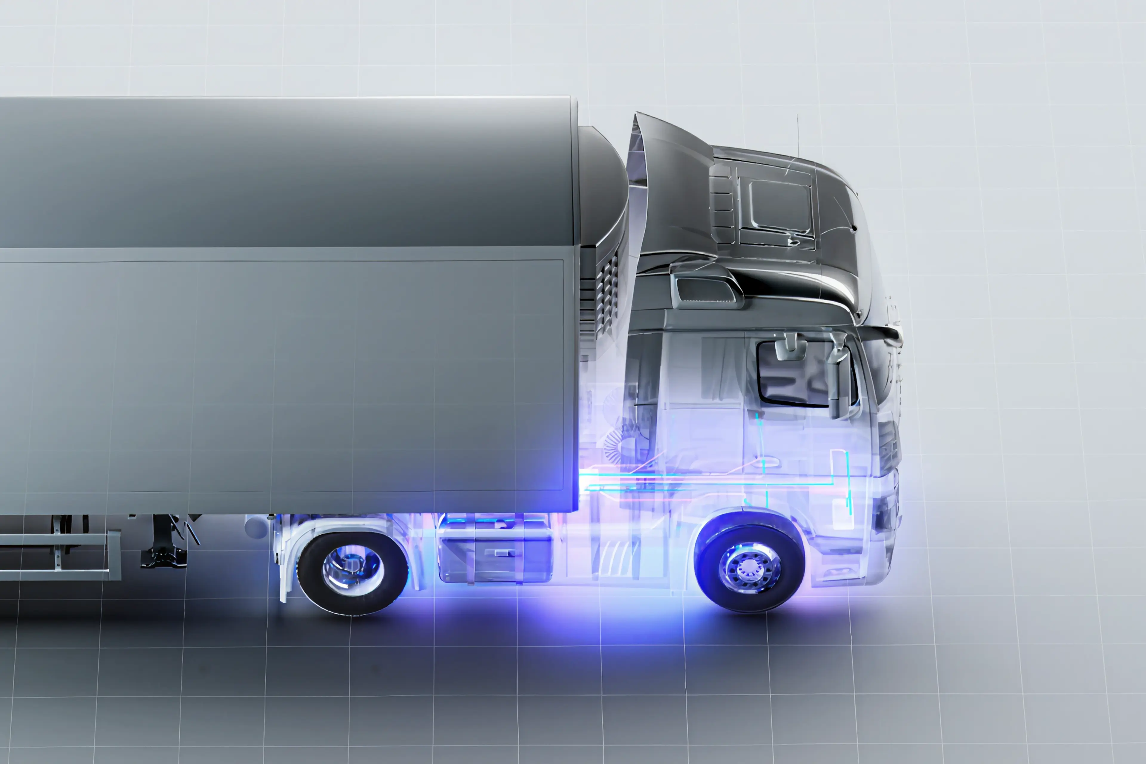 A 3D render of a semi-truck with a transparent cab revealing glowing blue internal components, including electrical systems and chassis, set against a light gray grid background