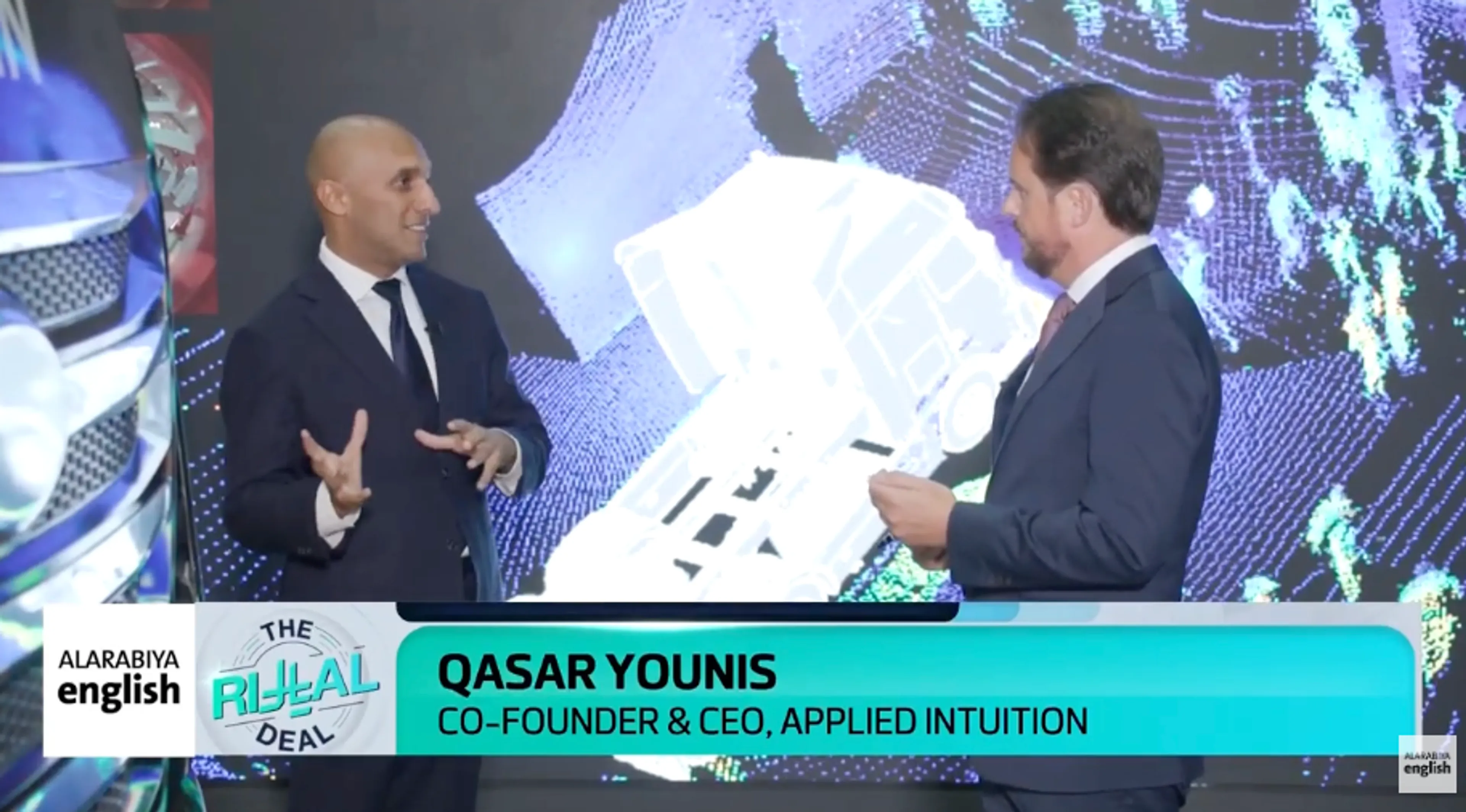 Qasar Younis, co-founder and CEO of Applied Intuition, being interviewed on Al Arabiya English's "The Real Deal."