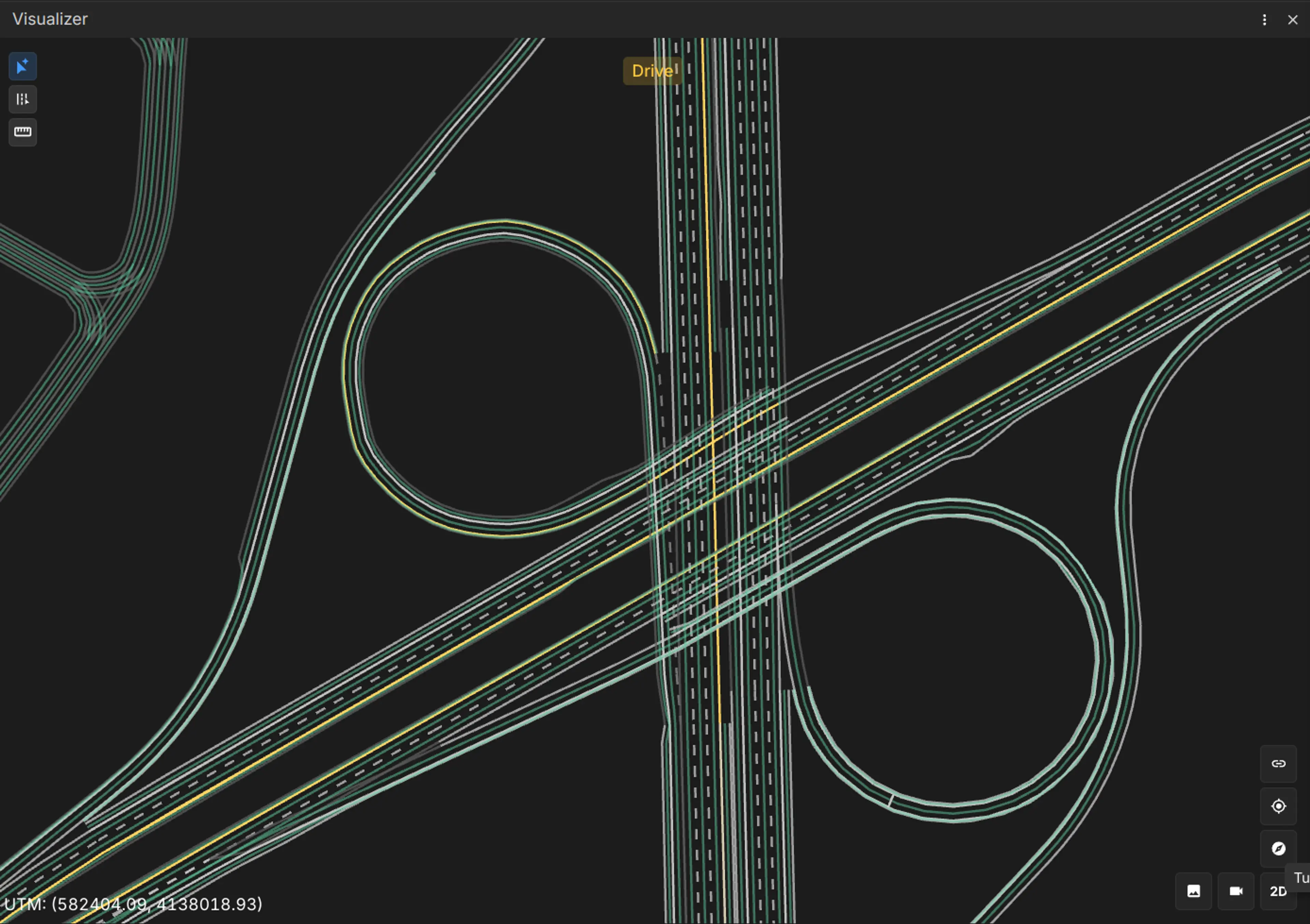 Lines in green, yellow, and gray depict a freeway, including a cloverleaf-type interchange