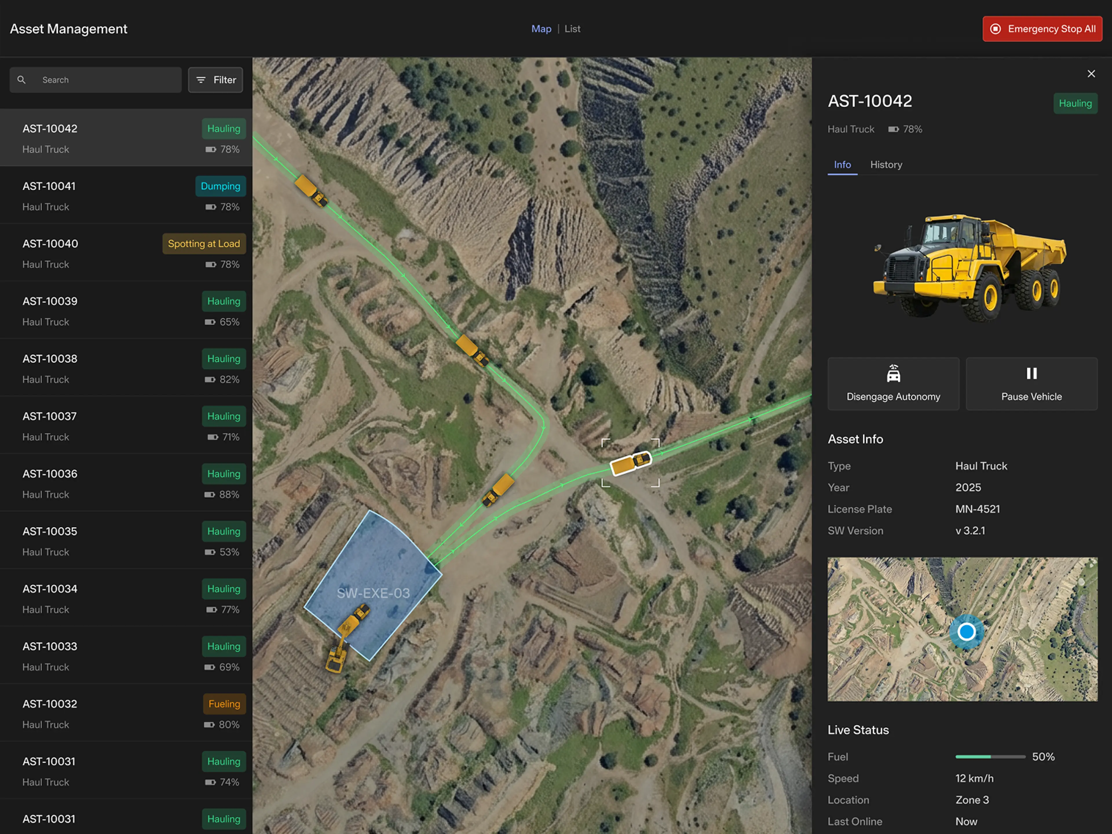 Applied Intuition Asset Management dashboard showing a satellite map view of an active mining site with autonomous haul trucks tracked along green route paths