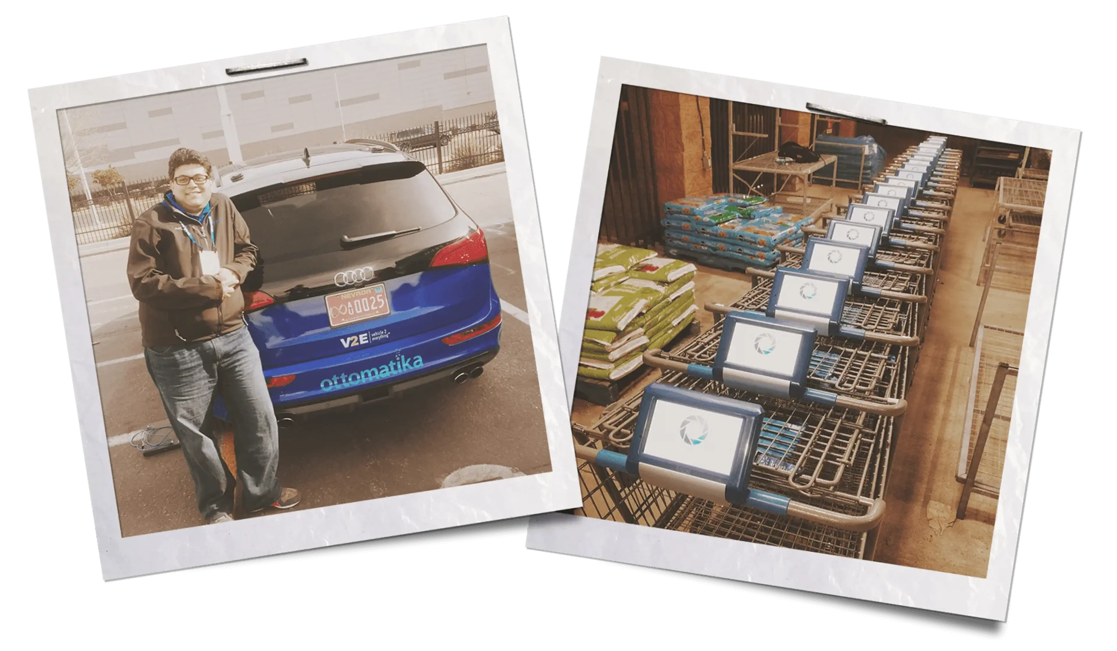 Two images, where on the left Gaurav Bhatia stands with one of the autonomous fleet of vehicles his startup created to operate on the Las Vegas strip. On the right are shopping carts outfitted with electronic keypads by Adriano Quiroga and team.
