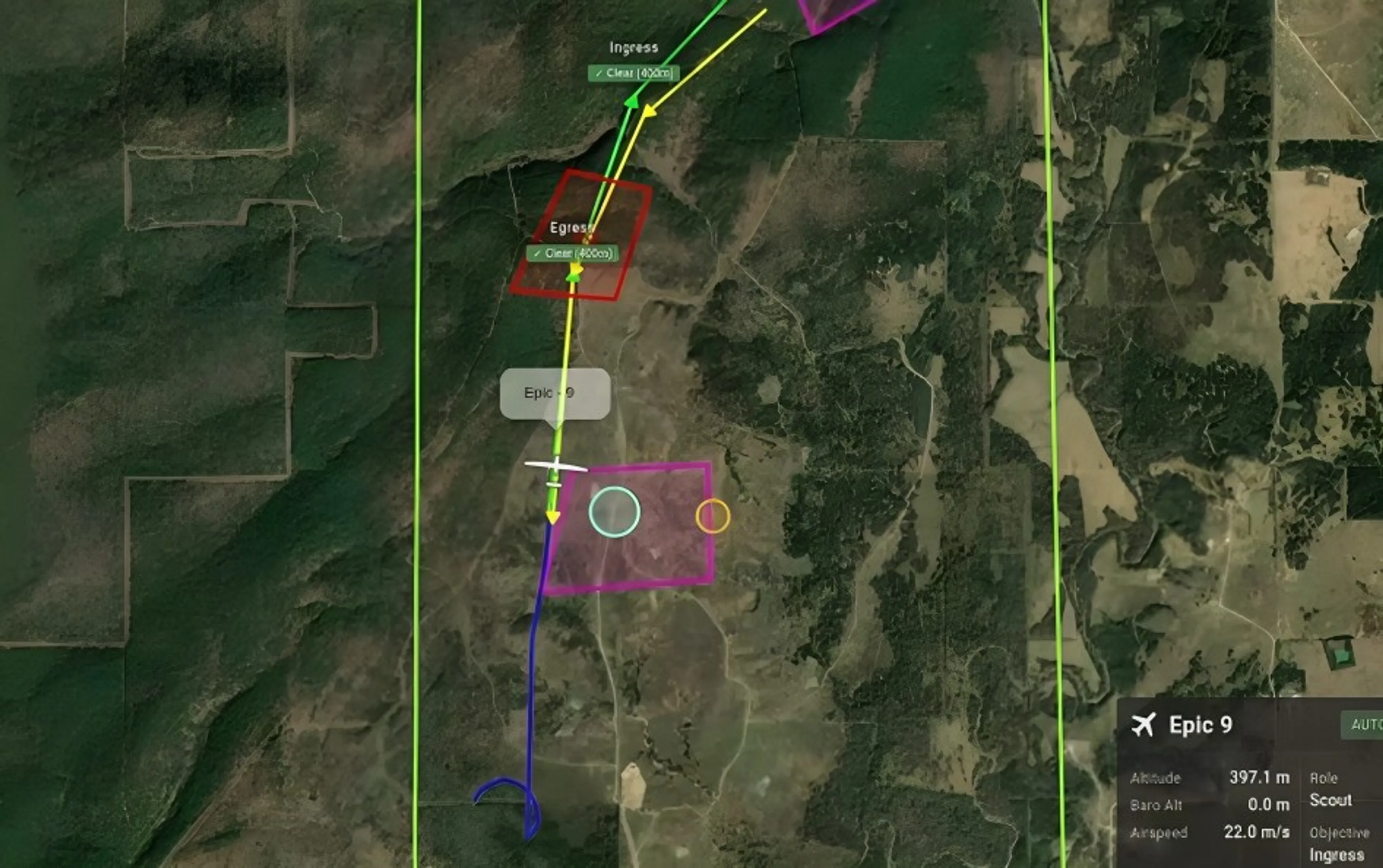 Screenshot of drone mission planning software showing an aerial map with a flight path for an unmanned aircraft.