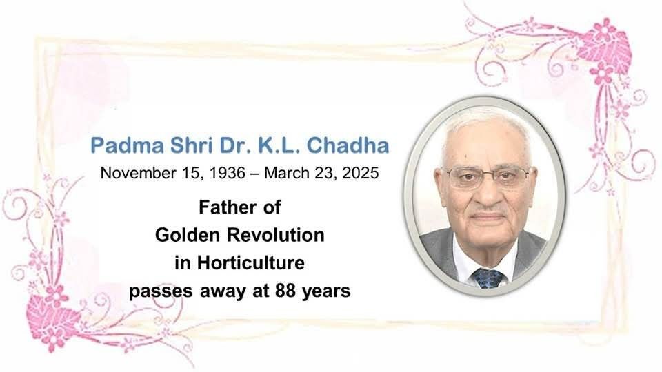 बागवानी वैज्ञानिक पद्मश्री डॉ. कृष्ण लाल चड्ढा का 88 वर्ष की आयु में निधन