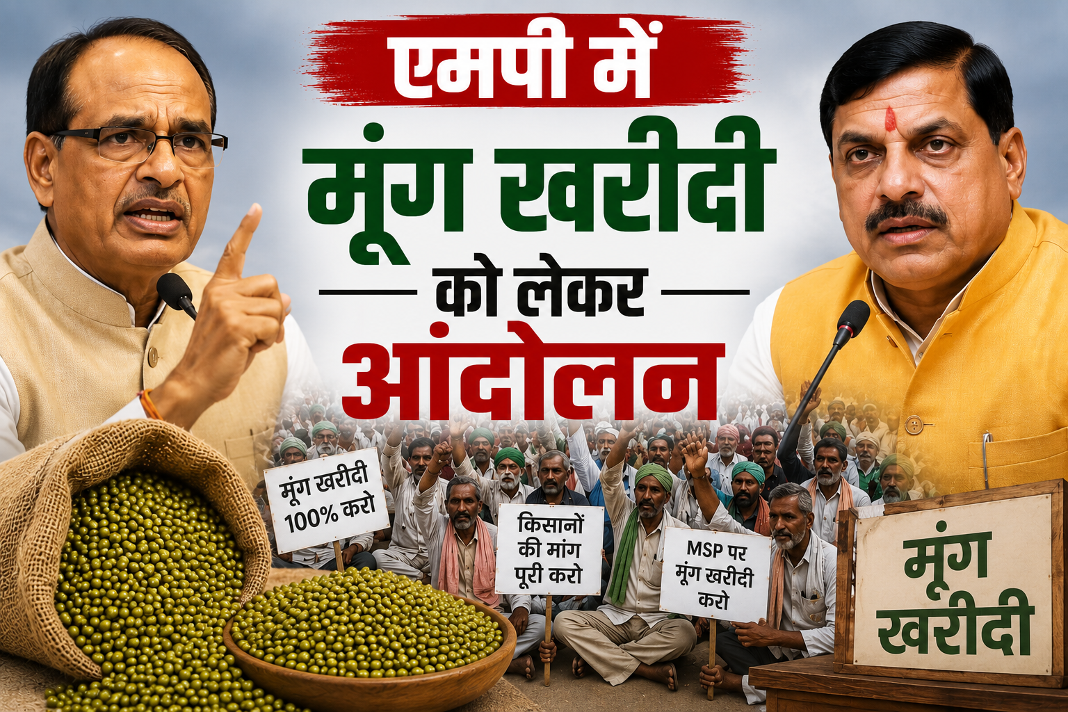 मध्य प्रदेश में मूंग खरीदी को लेकर किसानों का आंदोलन तेज हो गया है। किसान 100% MSP पर मूंग खरीद, खाद वितरण की ई-टोकन व्यवस्था में सुधार और फसल बीमा योजना में पारदर्शिता की मांग कर रहे हैं।