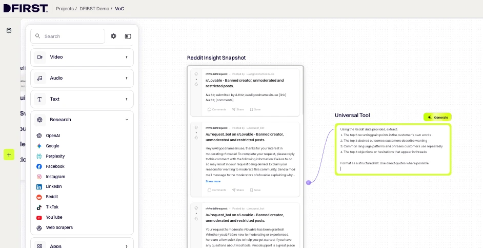 DFIRST whiteboard screenshot: Add a Universal Tool Node to extract VoC patterns