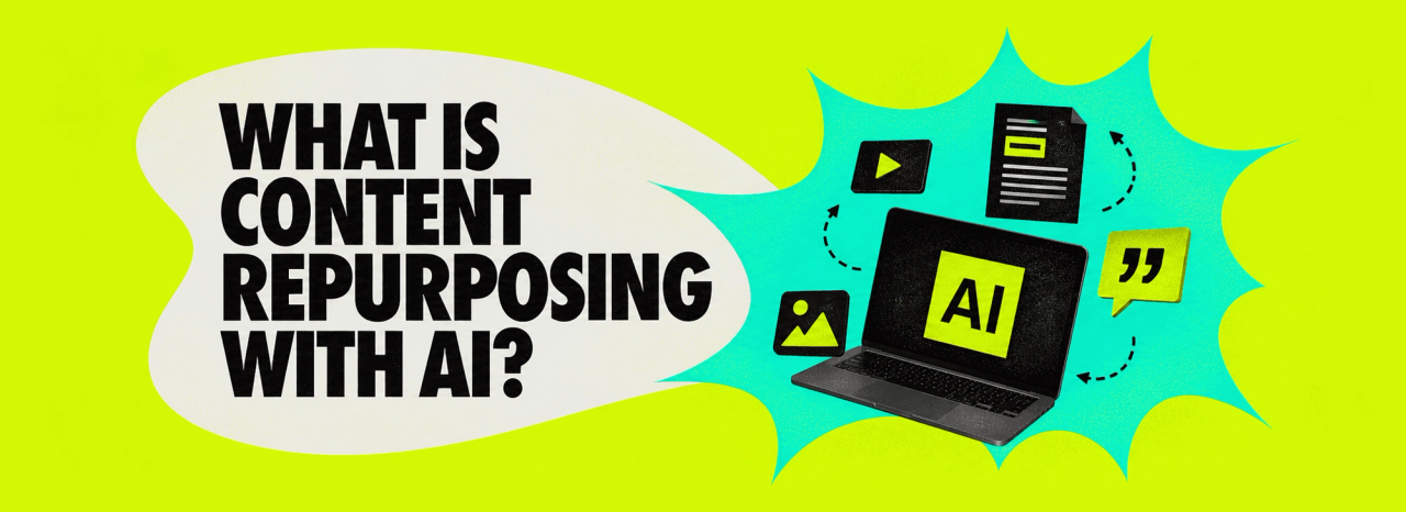 Yellow banner graphic asking 'What is content repurposing with AI?' beside a laptop icon