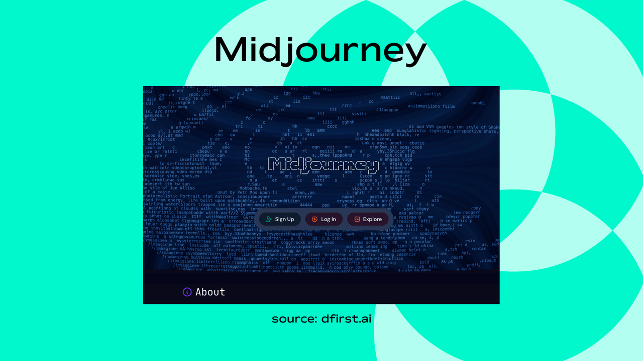 Screenshot of Midjourney's homepage with a glitchy AI generated background and sign up buttons