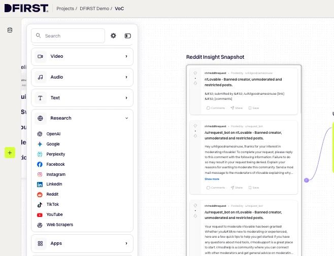DFIRST whiteboard screenshot: Add a Reddit Scraper node