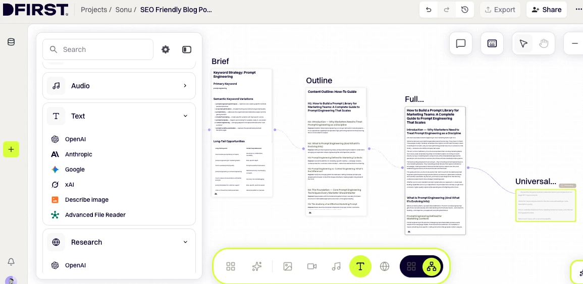 DFIRST whiteboard screenshot: Add a Universal Tool Node to Run an SEO Audit
