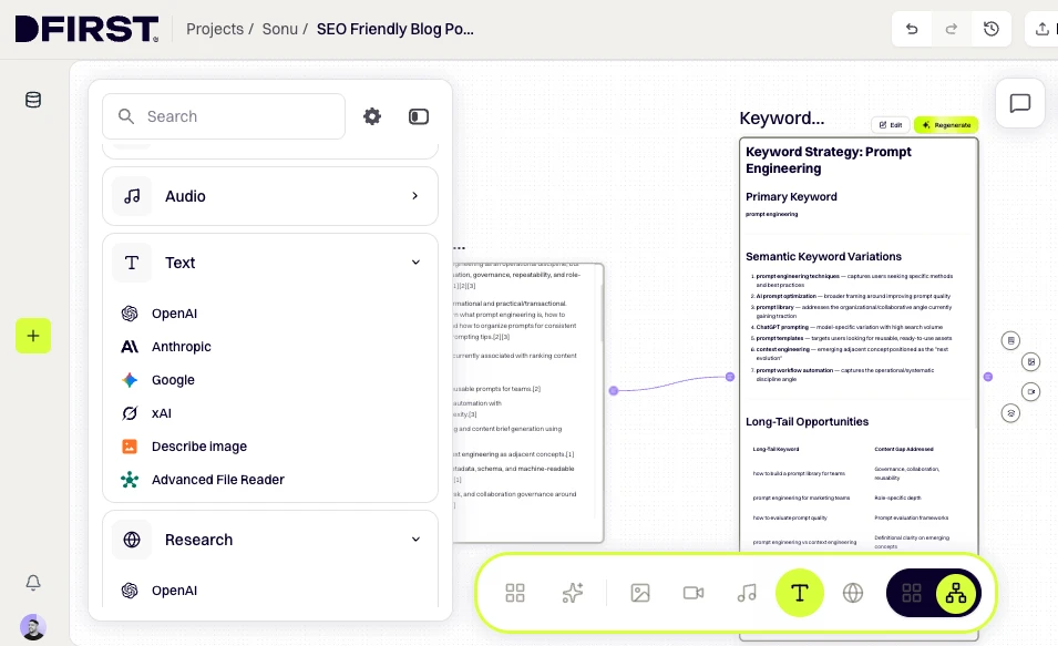 DFIRST whiteboard screenshot: Add a Text Node to Extract Your Keyword Strategy