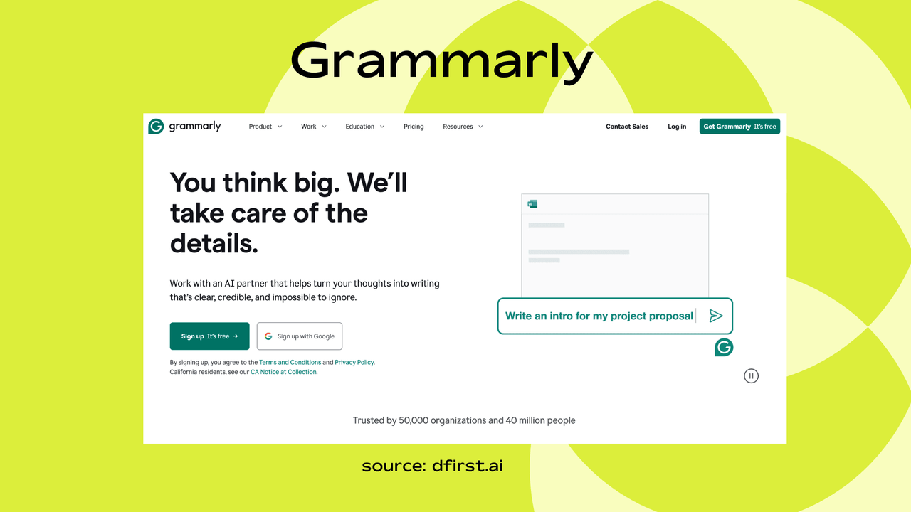 Screenshot of Grammarly homepage showing its AI writing assistant suggestion interface