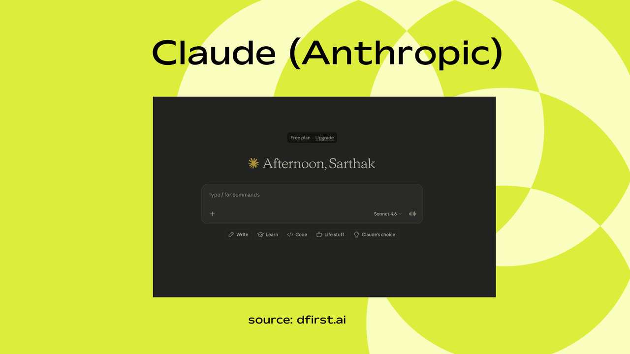 Screenshot of Claude AI's homepage with a chat greeting and Sonnet model selector
