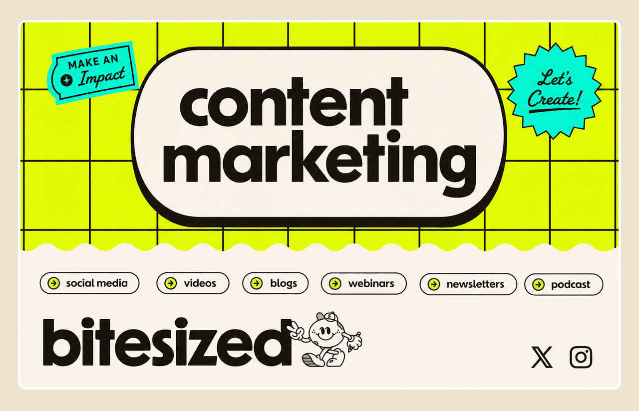 Bitesized content marketing graphic with format tags: social media, videos, blogs, webinars, newsletters, podcast