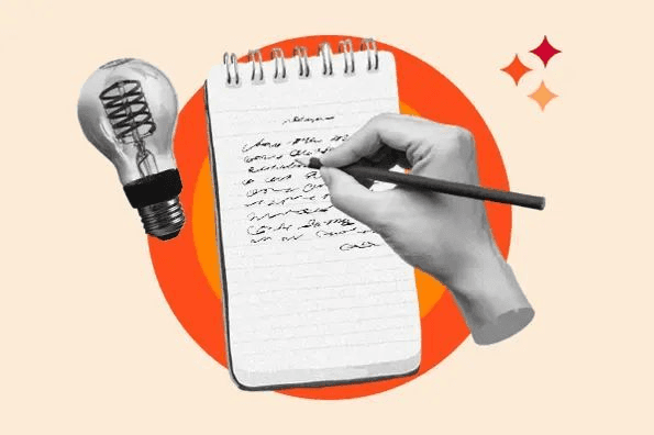 Illustration of a lightbulb beside a hand writing notes in a spiral notebook
