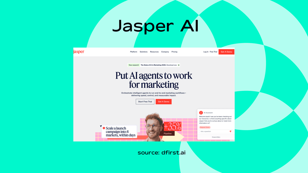 Screenshot of Jasper AI's homepage headline reading Put AI agents to work for marketing