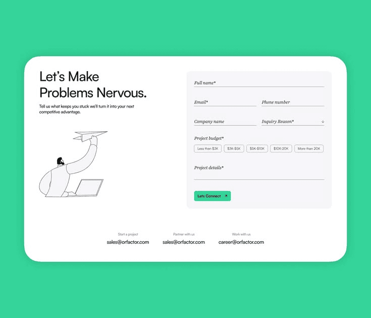 Contact form titled 'Let's Make Problems Nervous' with an illustration of a person throwing a paper airplane