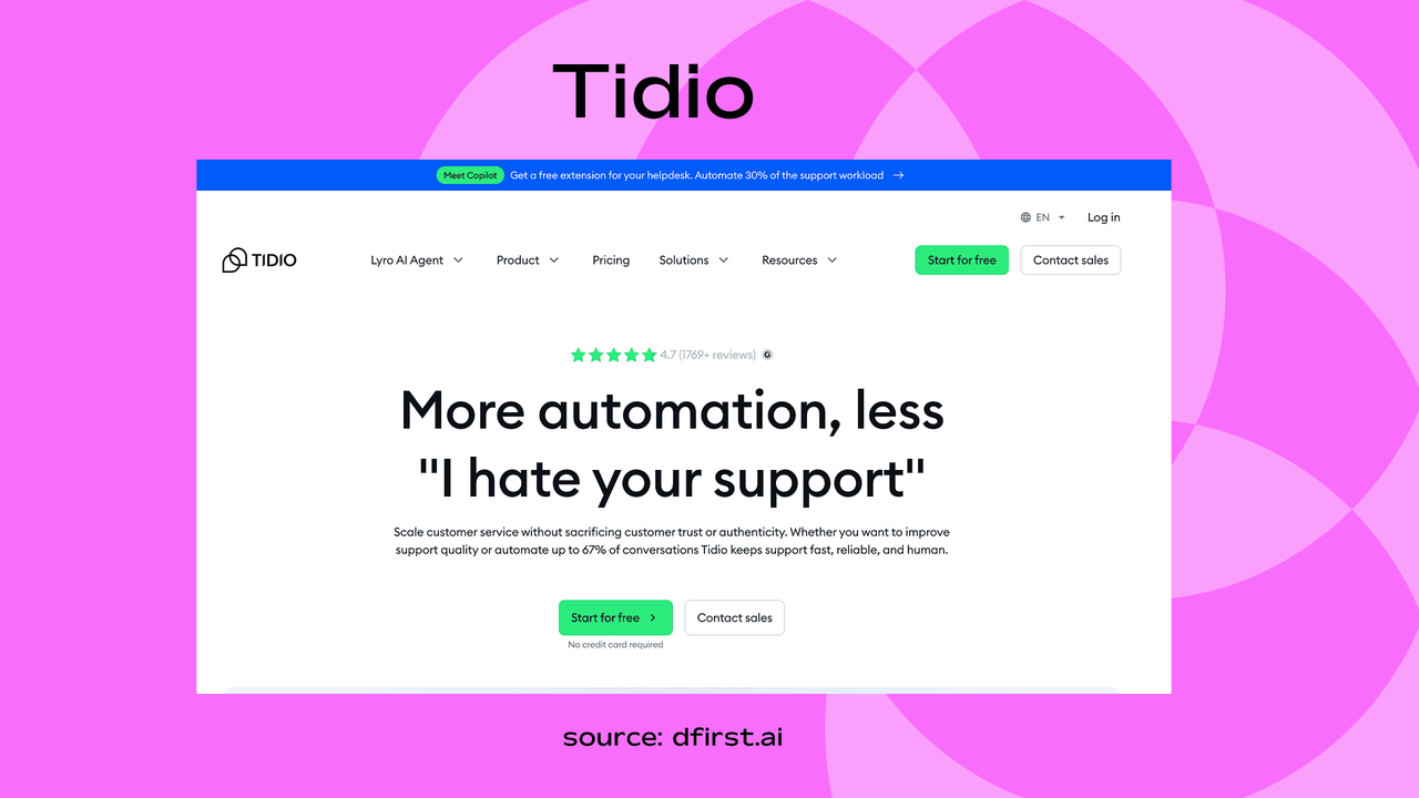 Screenshot of Tidio homepage showing its AI-powered live chat customer support platform