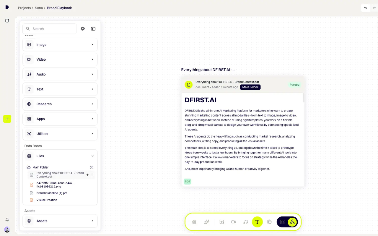 DFIRST whiteboard screenshot: Add your Data Room file as a starting node
