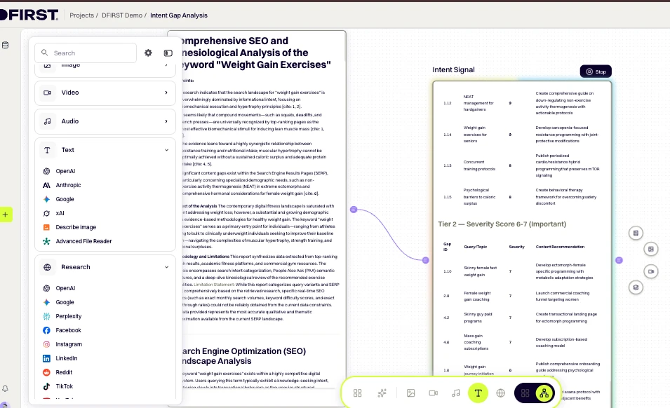 DFIRST whiteboard screenshot: Add a Text Node and connect it to the Research Node