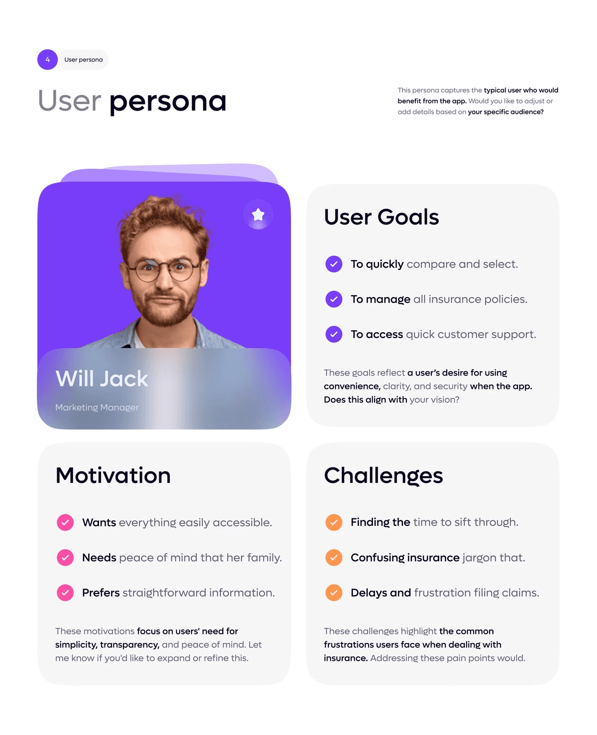 AI-generated user persona card for 'Will Jack, Marketing Manager' listing goals, motivations, and challenges