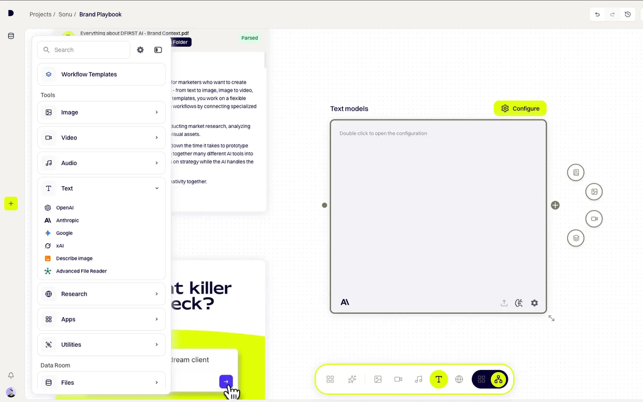 DFIRST whiteboard screenshot: Add a Text Node to the canvas