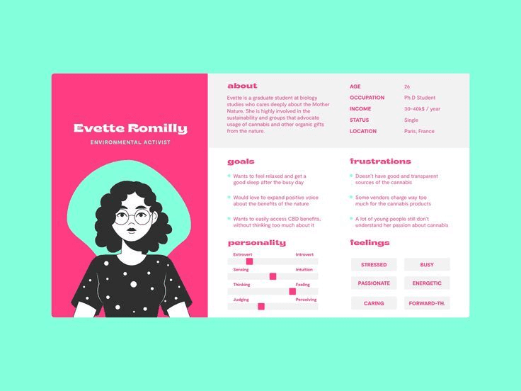 UX persona card for Evette Romilly, an environmental activist, showing demographics, goals, and traits