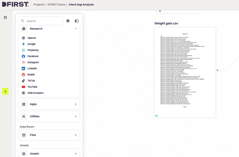 DFIRST whiteboard screenshot: Add your content inventory from the Data Room