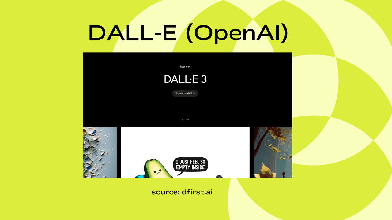 Screenshot of DALL-E 3's homepage showing sample AI generated images including a cartoon avocado