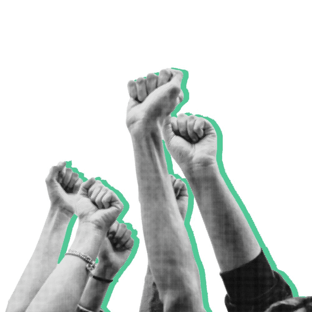 Black-and-white halftone illustration of three raised fists symbolizing unity and collaboration