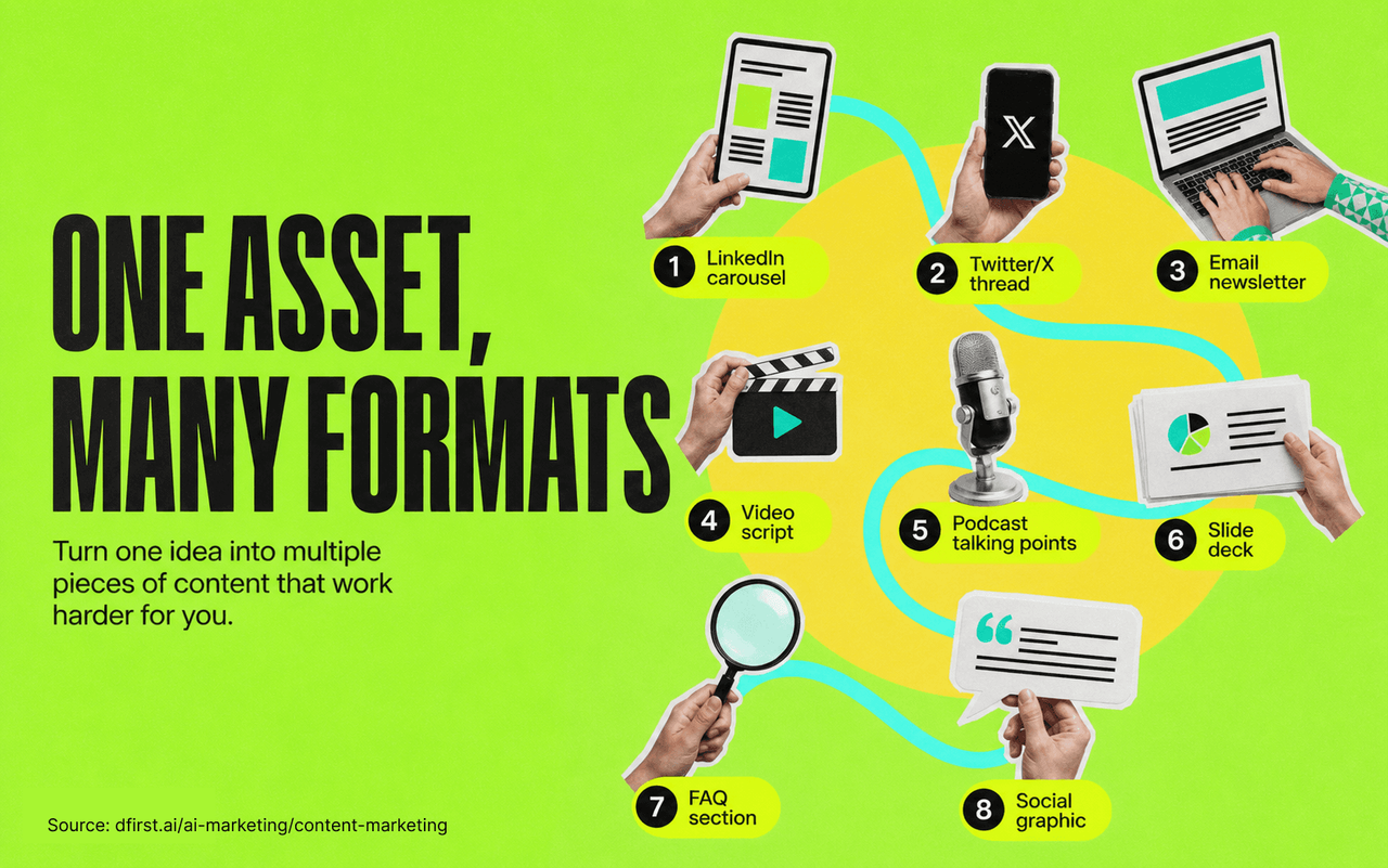 One Asset, Many Formats infographic listing eight content formats including carousel, thread, and podcast