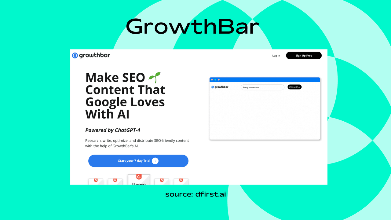 Screenshot of GrowthBar homepage showing its AI-powered SEO content writing interface