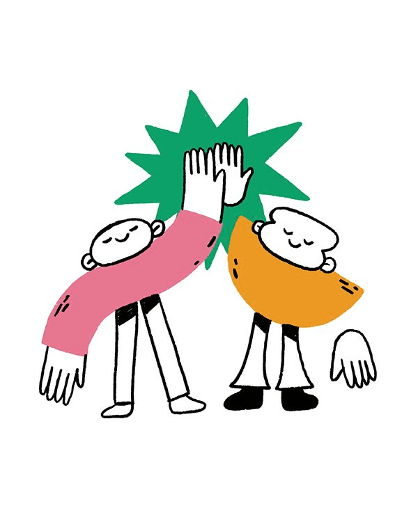 Flat illustration of two cartoon characters high-fiving each other
