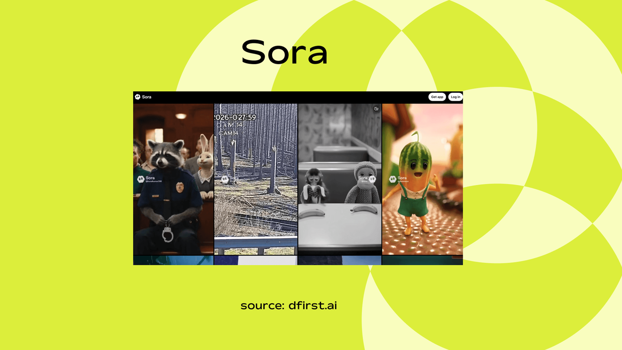 Screenshot of Sora's homepage grid showing AI generated video clips including animated characters