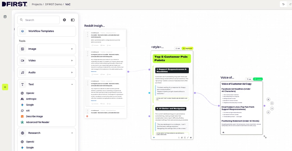 DFIRST whiteboard screenshot: Add a Text Node to generate copy from the VoC insights