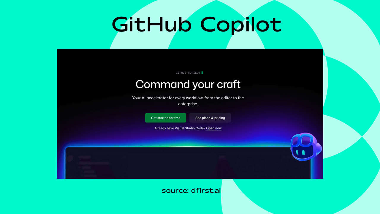 Screenshot of GitHub Copilot's homepage with the Command your craft hero headline
