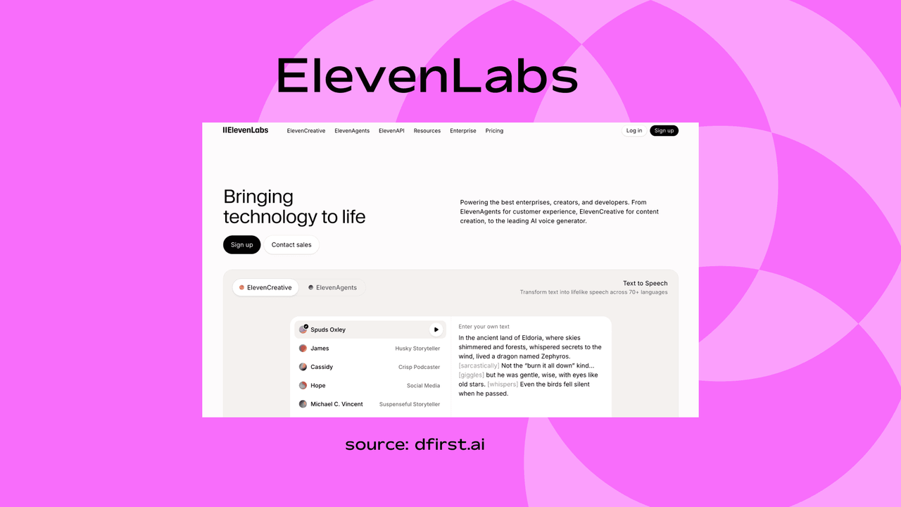 Screenshot of ElevenLabs' homepage showing its text to speech interface with voice options and sample text