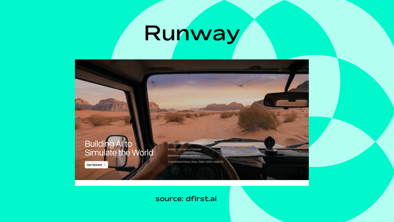 Screenshot of Runway's homepage showing an AI generated video of driving through a desert