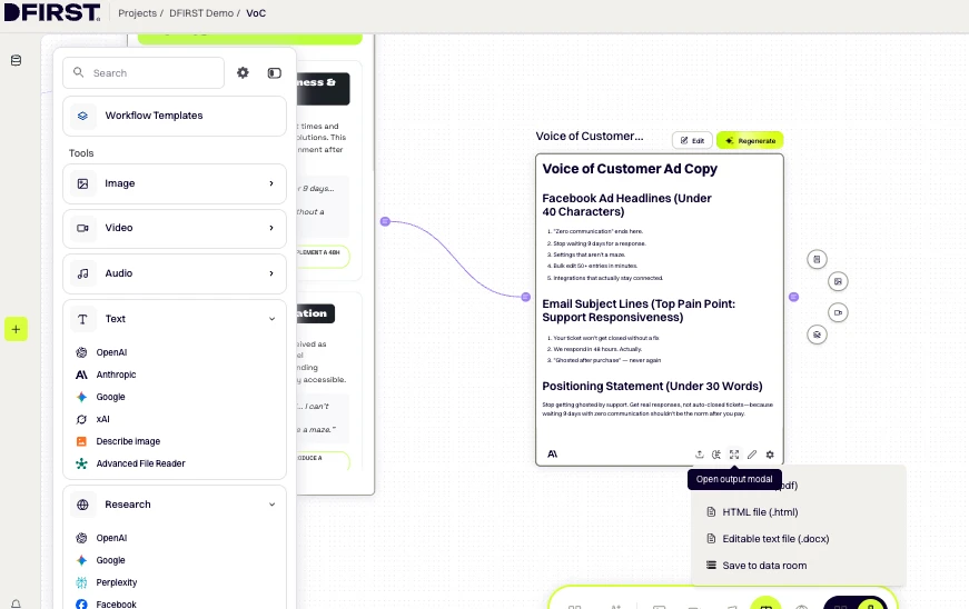 DFIRST whiteboard screenshot: Save the VoC insights to the Data Room