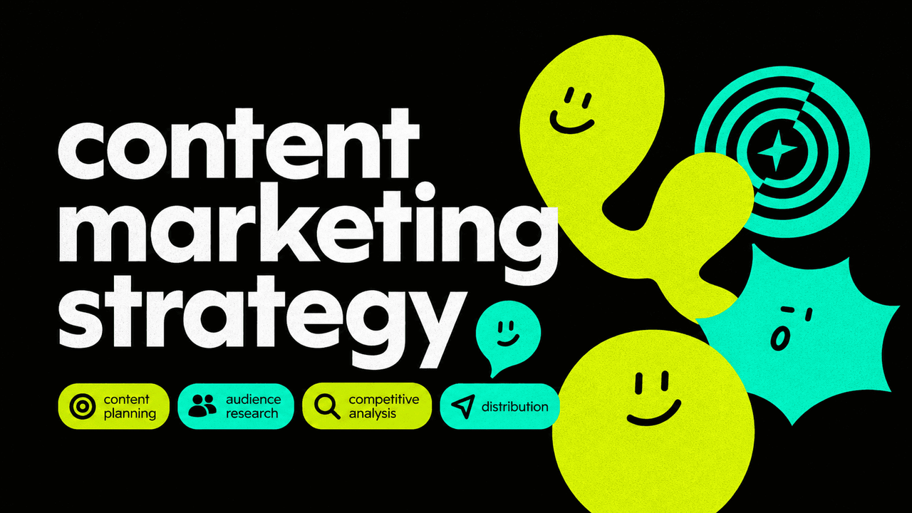 Bold black hero graphic titled 'content marketing strategy' with planning, research, and distribution icons