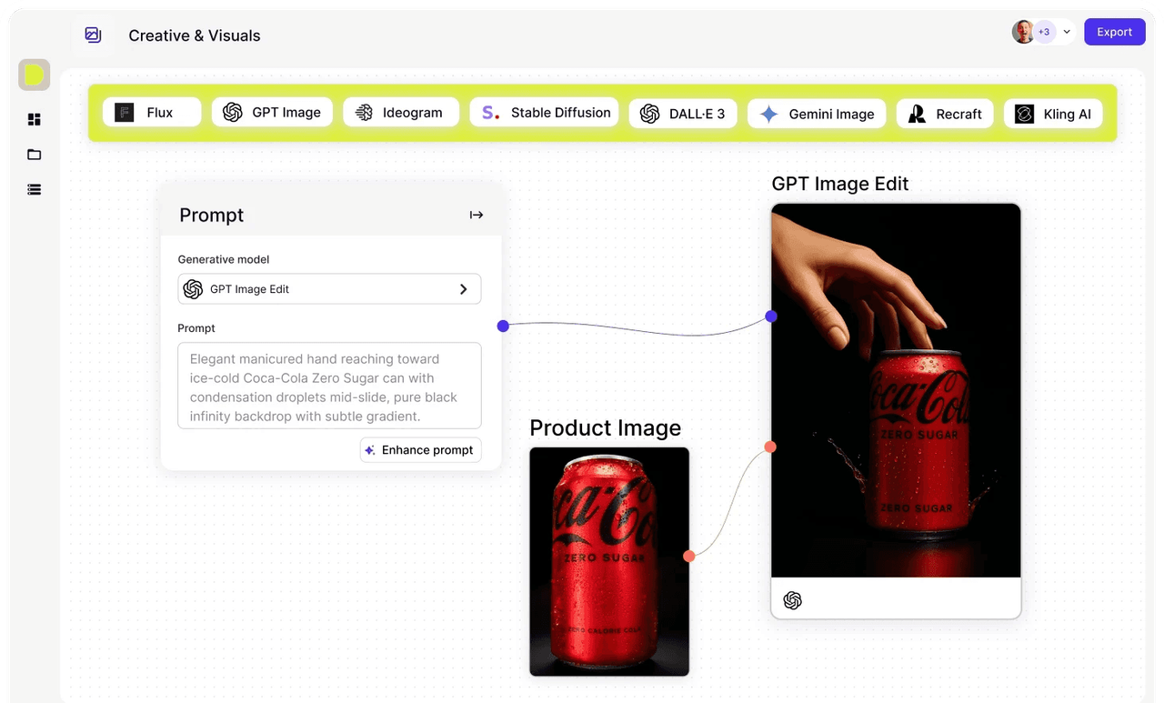 AI image generation dashboard showing model options and a Coca-Cola Zero Sugar can product edit