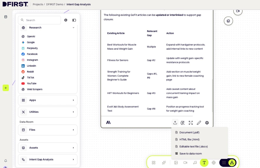 DFIRST whiteboard screenshot: Export the gap report
