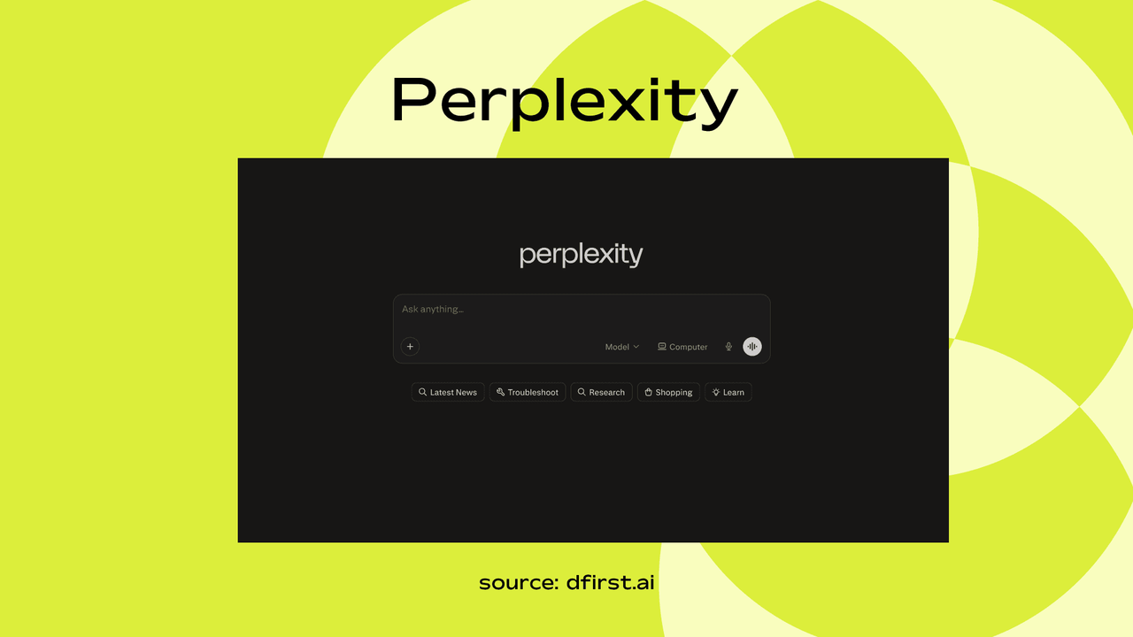 Screenshot of Perplexity's homepage search bar with Latest News, Research, and Shopping shortcuts