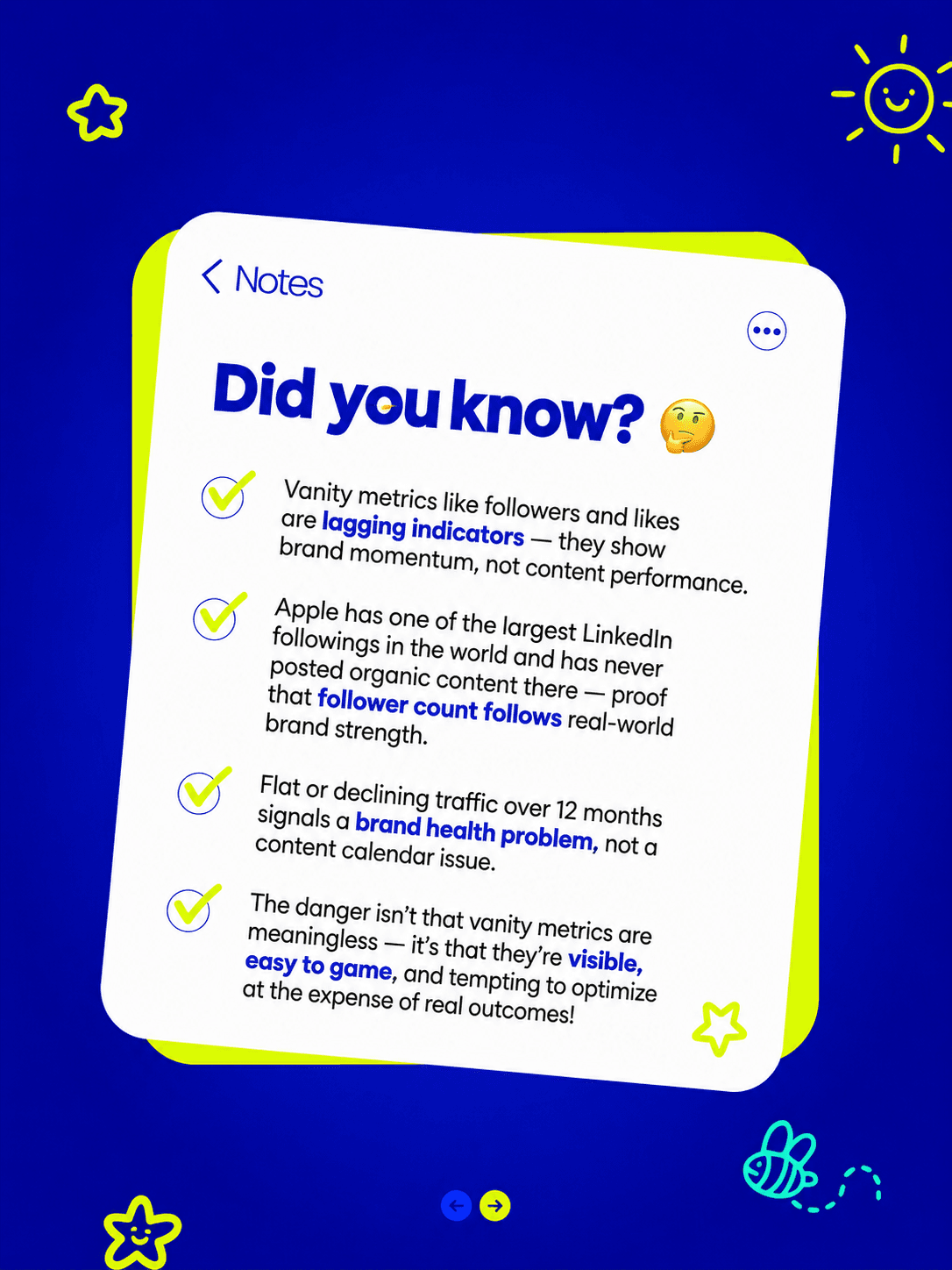Notes app style card listing facts about vanity metrics like followers and traffic