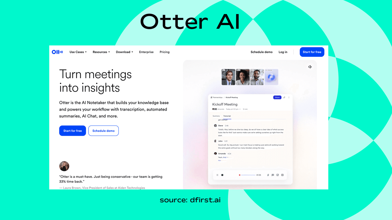 Screenshot of Otter AI homepage showing meeting transcription and AI notetaking interface