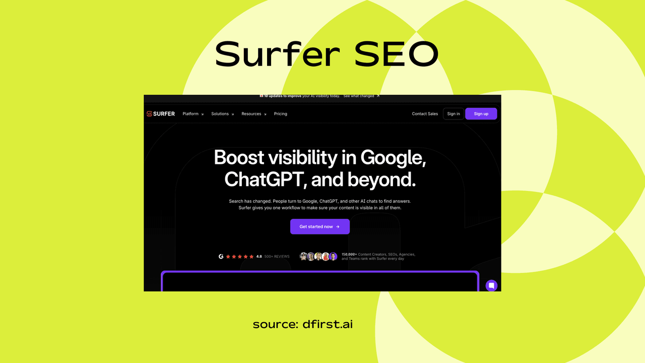 Screenshot of Surfer SEO homepage promoting visibility across Google and ChatGPT search results