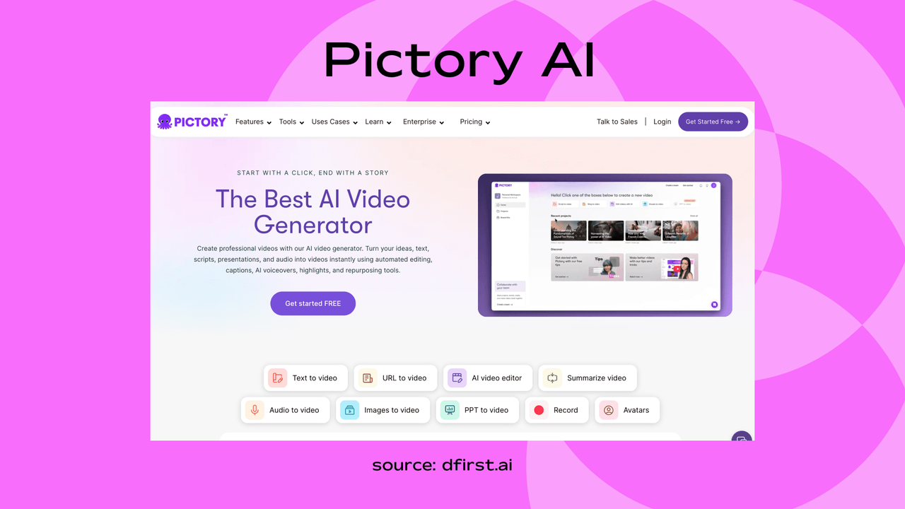 Screenshot of Pictory AI homepage showing its AI video generator dashboard and project list
