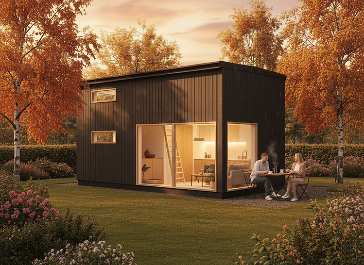 Attefallshus Björkbacken, 3D-exteriörvy i höstmiljö med björkar och middagssällskap